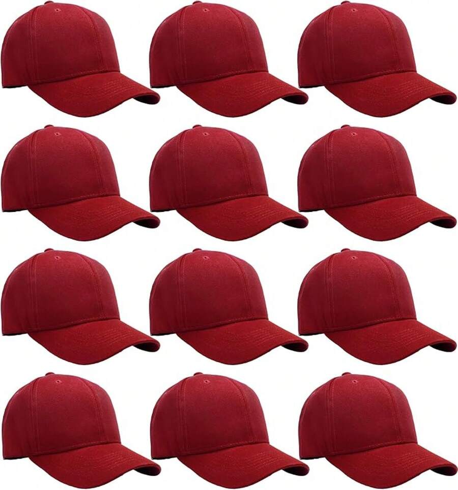 Bulk Lot 12-Pack Adjustable Size Plain Blank Solid Color Baseball Caps - Burgundy - View 1