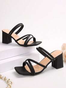 Women's Black Square Toe Slip-On Chunky Heel Sandals, Casual, Minimalist, Elegant, Versatile High Heel Sandals For Daily Wear - Black - View 4