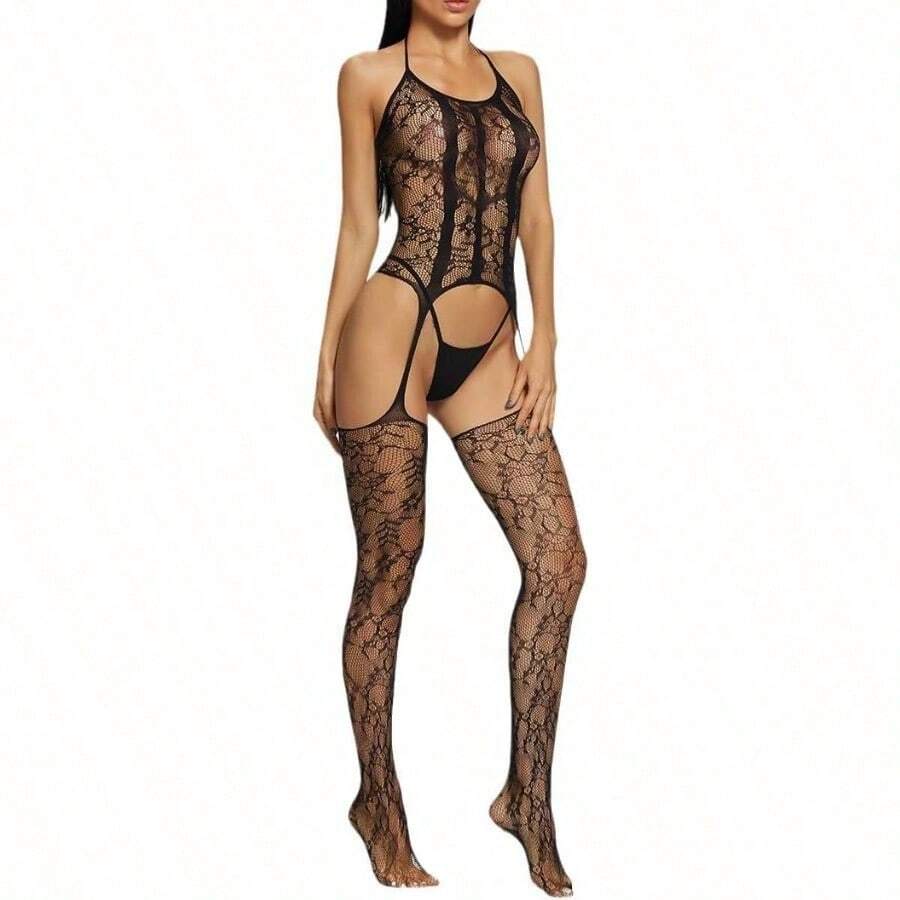 Women Lingerie Fishnet Bodysuit Sparkle Rhinestone Sexy Mesh Teddy Lingerie One Size - 黑色-8972 - 查看 1