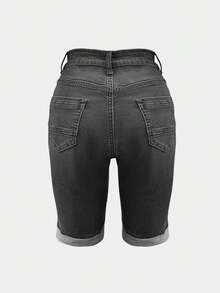 女士休闲水洗修身牛仔短裤，夏季 - 黑色 - 查看 6