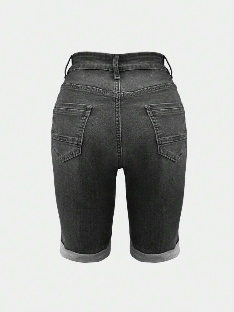 女士休闲水洗修身牛仔短裤，夏季 - 黑色 - 查看 6