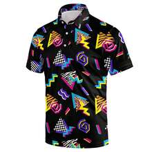 Mens Golf Polo Shirt,  Vintage 80s Style  Dry Fit Performance Short Sleeve Hawaiian Print Shirts Funny Golf Shirts For Men Casual Breathable Polo Shirt - 黑色 - 查看 7