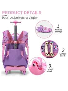 BLING BABIES 3 件套女童滚轮背包，可爱卡通猫咪亮片设计滚轮包，带午餐盒和笔袋，夜光功能，粉色 - 紅花粉貓 - 查看 4