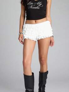 Women's Y2k Layered Lace Shorts Casual Stylish Solid Color Elastic Waist Low Rise Shorts Casual Mini Shorts For Spring/Summer Streetwear Beach Party Wear - trắng - Xem 2