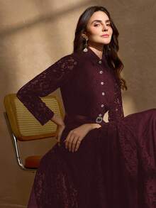 Elegant Women's Rhinestone Collar A-Line Mesh Patchwork Bodycon Dress Spring - Burgundy - View 5