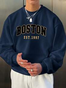 Boston Pattern Men's Basic Sweatshirt, Casual Street Style For Spring And Autumn
