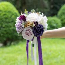 Dusty Blue Wedding Bouquets For Bride Bridesmaid, White Wedding Artificial Roses Flowers For Wedding Bouquets Ceremony, Anniversary - 紫色和奶油色 - 查看 5