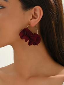 1 对优雅波西米亚风格花卉面料流苏耳环，适合女性派对和节日礼物，圆形花卉创意耳环，时尚派对配饰 - 酒紅色 - 查看 4