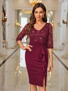 MIUSOL Deep V-Neck Sequin Floral Lace Ruffle Hem Cocktail Party Bodycon Dress - Red - View 6