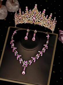 1 Set Bridal Accessories - Red Rhinestone Decor Crown, Necklace, Earrings (4pcs), Wedding Jewelry Set, Suitable For Wedding Dress, Gown, Gold Gala, Wedding Party - Pink - View 6