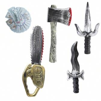 1件万圣节角色扮演塑料玩具，包含逼真斧头、逼真电锯、逼真美元道具、派对用品。注意：由于手工制作，不同部件可能存在轻微划痕、串色、染色、褪色或色差，均属正常现象。[部分组件随机选择，可能存在颜色差异]