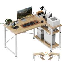 Mesa de juego GUNJI de 110 cm con compartimentos de almacenamiento, mesa de esquina reversible para PC, mesa de ordenador, mesa de juego de esquina para estudio - Beis - Ver 2