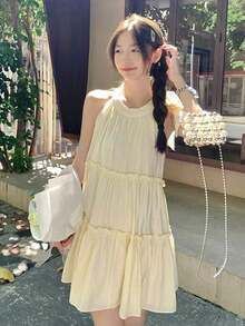 A字型无袖荷叶边迷你连衣裙，优雅显瘦 - 杏色 - 查看 2