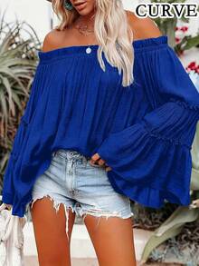 Plus Size Women Solid Color Off-Shoulder Ruffle Sleeve Blouse - Navy Blue - View 2