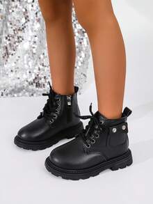 2025新款女童靴子适合秋冬四季穿英伦风儿童软底踝靴男童皮靴幼儿靴 - 黑色 - 查看 4