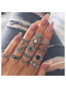 15pcs/Set Rhinestone Decor Star, Sun, Moon, Butterfly, Letter Design Rings - Antique Silver - View 1
