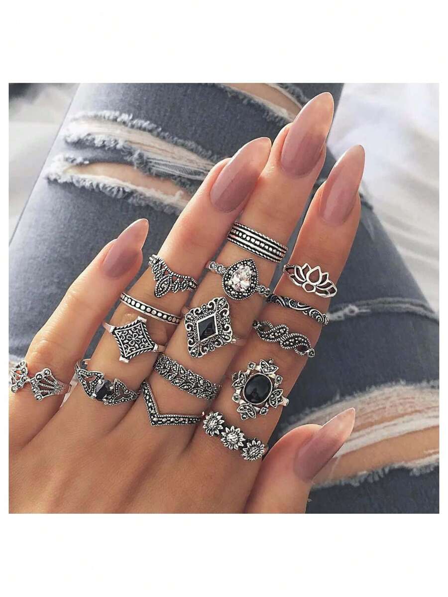 15pcs/Set Rhinestone Decor Star, Sun, Moon, Butterfly, Letter Design Rings - Antique Silver - View 1