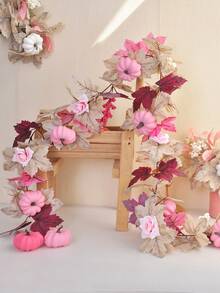 1 Stück 68.9Inch Künstlicher Ahornblatt Rattan Herbst Ahornblatt Kranz, rosa Schaumkürbis Dekoration für Erntedankfest, Hochzeit, Party, Esszimmertisch, Kamin, Haustür Dekoration - zc-Thanksgiving-Rattan 04 - Übersicht 1