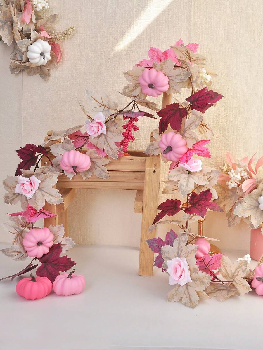 1 Stück 68.9Inch Künstlicher Ahornblatt Rattan Herbst Ahornblatt Kranz, rosa Schaumkürbis Dekoration für Erntedankfest, Hochzeit, Party, Esszimmertisch, Kamin, Haustür Dekoration - zc-Thanksgiving-Rattan 04 - Übersicht 1