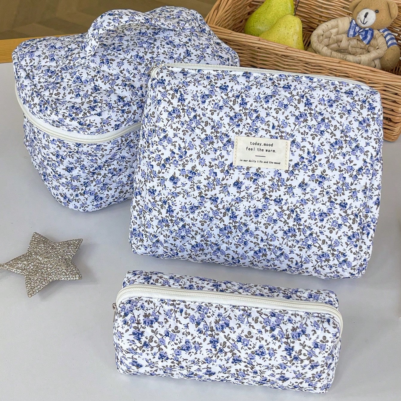 1pc Blue Floral Print Multi-Functional Cosmetic Bag, Halloween Trick Or Treat, Fashion Casual Large Capacity Zipper Makeup Bag, Travel Stationery Organizer, Vacation Essential Cosmetic Pouch