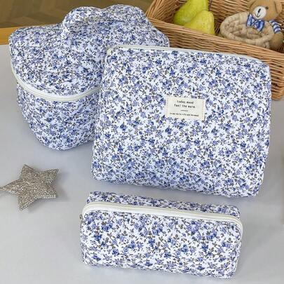 1 stuk blauwe make-uptas met bloemenprint, multifunctioneel, perfect voor Halloween, 'trick or treat', modieuze casual cosmetische tas met grote capaciteit en ritssluiting, reisorganizer, onmisbaar voor de feestdagen, etui, make-uptasje, reisaccessoire