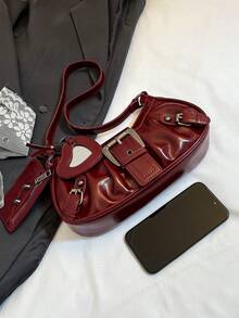 1pc Women's Vintage Mad Max Punk Wanderer Motorcycle Bag With Rivet Decoration, Adjustable Shoulder Strap, Large Capacity, Soft Faux Oil Wax Gradient Color, One Shoulder Underarm Bag, Baguette Bag, Square Bag, Suitable For Work, Commute, Date, Party - Burgundy - View 9