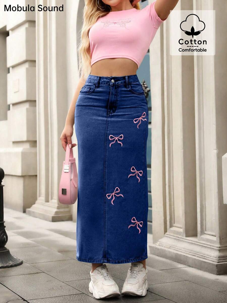 Mobula Sound 中东春夏 Y2K 青春性感音乐节学生学院百搭休闲度假时尚服饰可爱蝴蝶结刺绣紧身牛仔中裙 - 深藍 - 查看 1