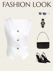 女士优雅无袖V领西装外套，时尚前扣马甲外套，四季皆宜，白色夏季款 - 白色 - 查看 7