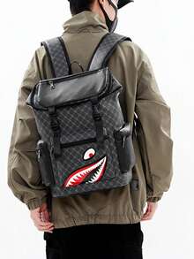 男士背包，复古花卉休闲旅行包，PU皮革翻盖背包，防刮耐用，轻便易携，适合旅行、露营、徒步、上学、大学、青年使用，情人节和返校礼物 - 黑色 - 查看 5