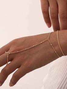 1pc Minimalist Fashion Metal Beads Chain Link Finger Ring Bracelet (Handmade Chain Cut To Appropriate Size, Random Bead Quantity) - Gold - View 7