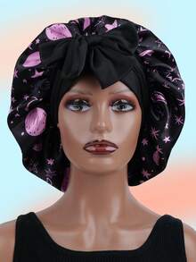 1顶缎面蝴蝶结睡帽，纯色弹力带，轻盈透气，适合女性和女孩，黑色 - 星星月亮紫色 - 查看 3