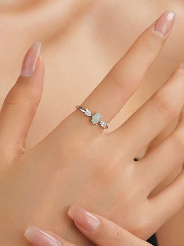 1pc Fashionable Elegant Personalized Cubic Zirconia Silver Jewelry, Mint Green Oval Opal Adjustable S925 Sterling Silver Open Ring Gift Box, Unisex Everyday Wear, Suitable For Couples, Gifts, Festivals, Music Festivals, Parties, Beach Vacations, Galas