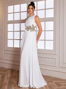 Premium Elegant 3D Flower High Slit Evening Dress Gown White Formal Prom Wedding Guest Dress, For Graduation, Dinner Party Dress - White - View 7