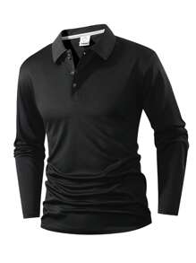 男士翻领长袖修身三扣设计常规休闲商务 Polo 衫，适合日常通勤，春秋季