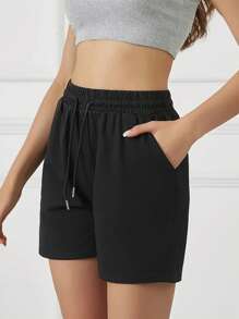 3 件纯色休闲短裤，抽绳松紧腰跑步健身短裤，女士运动服 - 黑色 - 查看 4