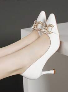 Black Pointed Toe Stiletto High Heels, Versatile - White - View 1