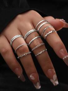 12 件简约链条扭纹开口戒指套装，适合日常佩戴