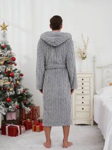 男士一件式柔软舒适提花抓绒长款连帽蓬松浴袍，带口袋，情侣款，加厚双层设计，适合秋冬季节穿着，温暖舒适