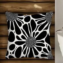 MEMNUN 1pc, Modern Black And White Floral Printed Pillowcases - Machine Washable, Zip Closure Cushion Cover With Simple Flower Design, 17.7 X 17.7 Inches, Decorative Throw Pillow Covers For Sofa Couch Living Room Bedroom (Without Fill) Pillow Case Room Decor Pillow Cases Cushion Covers