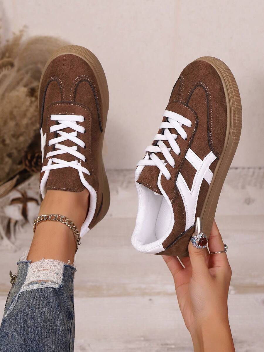 New Casual Sports Shoes, Fashion Versatile Suede-Like Lace-Up Women Sneakers, Student Shoes