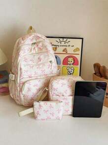 Set de 3 mochilas plegables resistentes al agua con estampado de lazo en nailon beige, con múltiples bolsillos, adecuadas para adolescentes, estudiantes de secundaria/universidad, mujeres para uso diario, escuela, entrenamiento, viajes, regalos de San Valentín (las letras de etiqueta pequeñas son aleatorias)