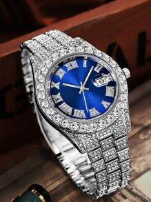 1 Stück Mode Luxus Volldiamant Herren Stahlgürtel Business Kalender Herren Quarzuhr, geeignet für Business, Partys und den täglichen Gebrauch, das perfekte Geschenk für Männer.