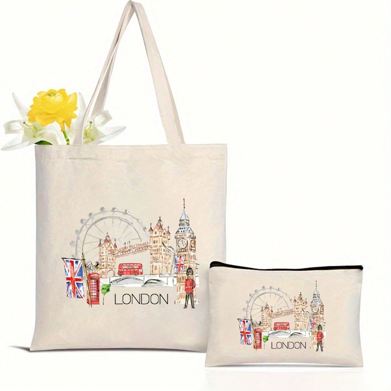 “I’d Rather Stay In London” Printed Tote Bag Set, Casual Zipper Cosmetic Bag, Women’s Handbag, Reusable Shopping Bag, Foldable Large Capacity Casual Shopping Bag, Simple Bohemian Style Handbag, Suitable For Work, Travel, Shopping, Schoolbag, Large Capacit