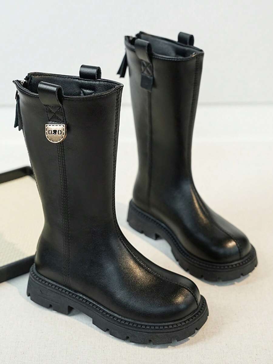 1 双时尚毛绒内衬儿童 PU 皮革高帮靴，防水防滑，冬季百搭