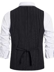 Officeau Men's Old Money Black & White Striped Waistcoat, For Business Formal/ Evening - Black - View 5