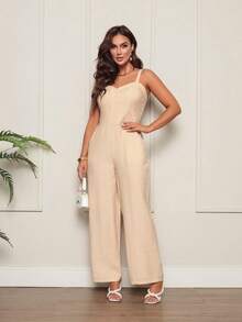 Women's Wide Leg Jumpsuit With Adjustable Straps, Fitted, And Elastic Waist. Casual Chic Style. - 米色 - 查看 5