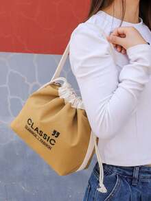 1pc Canvas Insulated Lunch Bag, Drawstring Closure Portable Tote Bag For Work, School, Picnic Lunch Container Lunch Box Picnic Bag For School Holiday Essential Summer Essentials - Multicolor - View 6