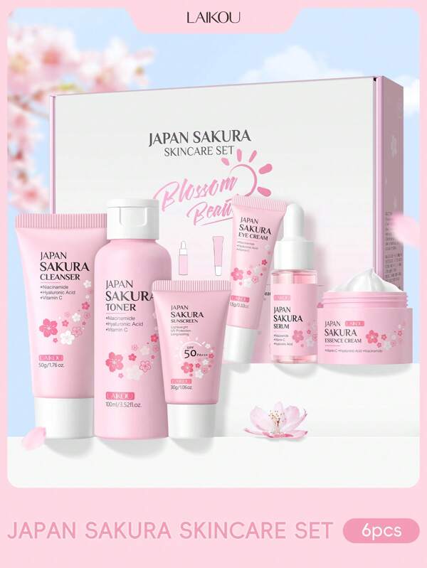 LAIKOU 1 Set 6 Piezas LAIKOU JAPAN SAKURA JUEGO DE CUIDADO DE LA PIEL, Antienvejecimiento (Loción protectora solar 30g SPF50 y Limpiador 50g y Tónico 100ml y Suero 17ml y Crema para ojos 15g y Crema facial 25g) Cajas de regalo de cuidado de la piel firme, cuidado facial iluminador, regalo de cuidado personal para la novia