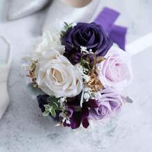 Dusty Blue Wedding Bouquets For Bride Bridesmaid, White Wedding Artificial Roses Flowers For Wedding Bouquets Ceremony, Anniversary - 紫色和奶油色 - 查看 2
