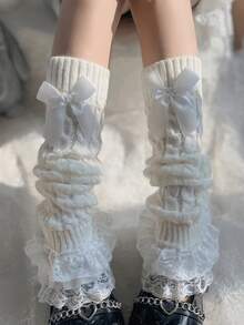 1 Pair Women's White Lolita Bow Lace Trim Flat Leg Warmers 0CWF - White - 查看 9